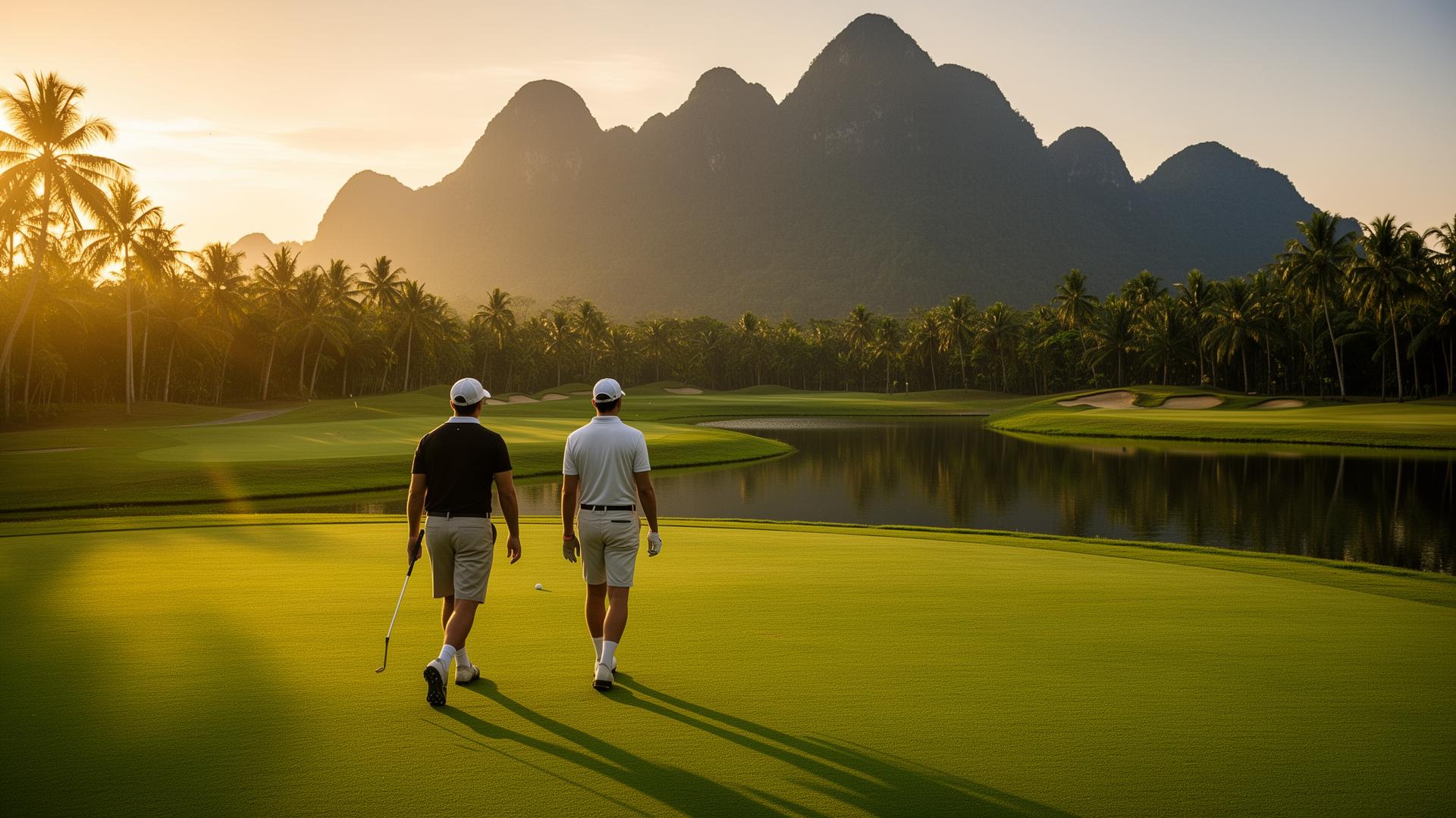 Two golfers walking on a Thai golf course at sunset